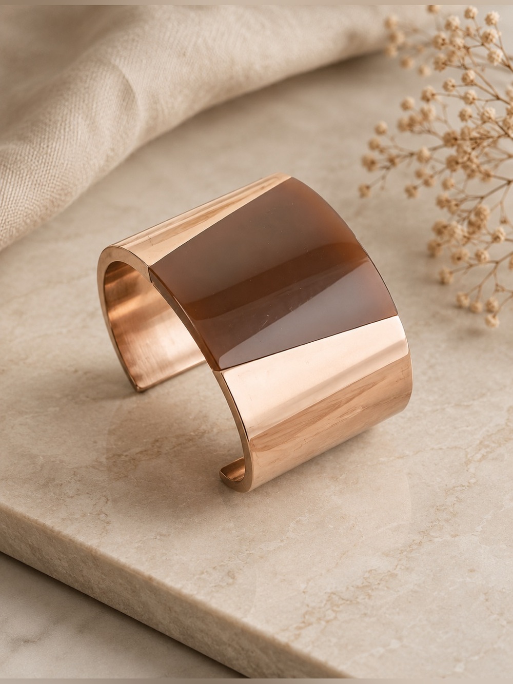 Calvin Klein Wide Rose Gold Tone Cuff Bracelet Brown Resin Panel NWT Box $229